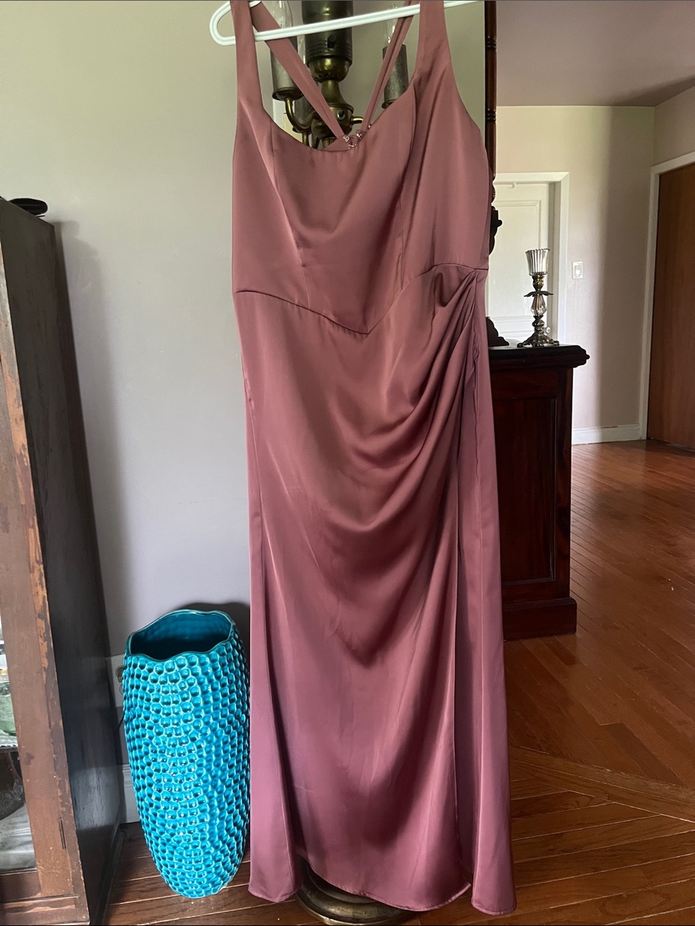 Azazie Satin Mauve Slip Dress with Draped Side